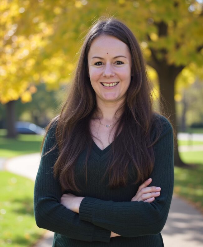 Szilvia Schöffer, founder of Decoding Denmark, smiling outdoors in a park, offering career counselling and coaching for internationals in Denmark.
